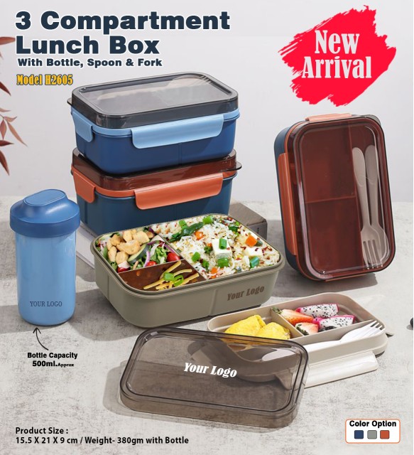 3 COMPARTMENT LUNCH BOX WITH BOTTLE, SPOON & FORK